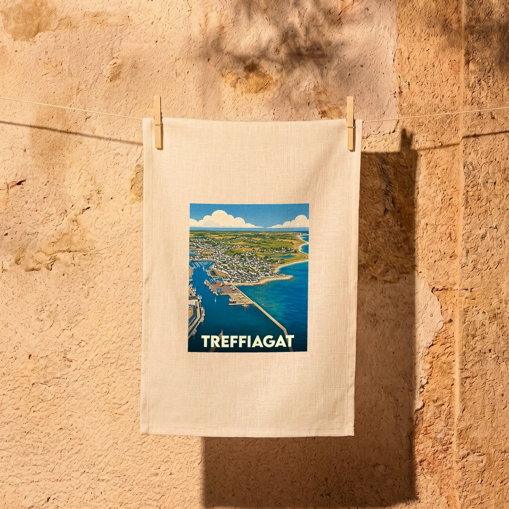 Torchon souvenir de la ville de Treffiagat avec une illustration stylisée de son port et de sa côte.