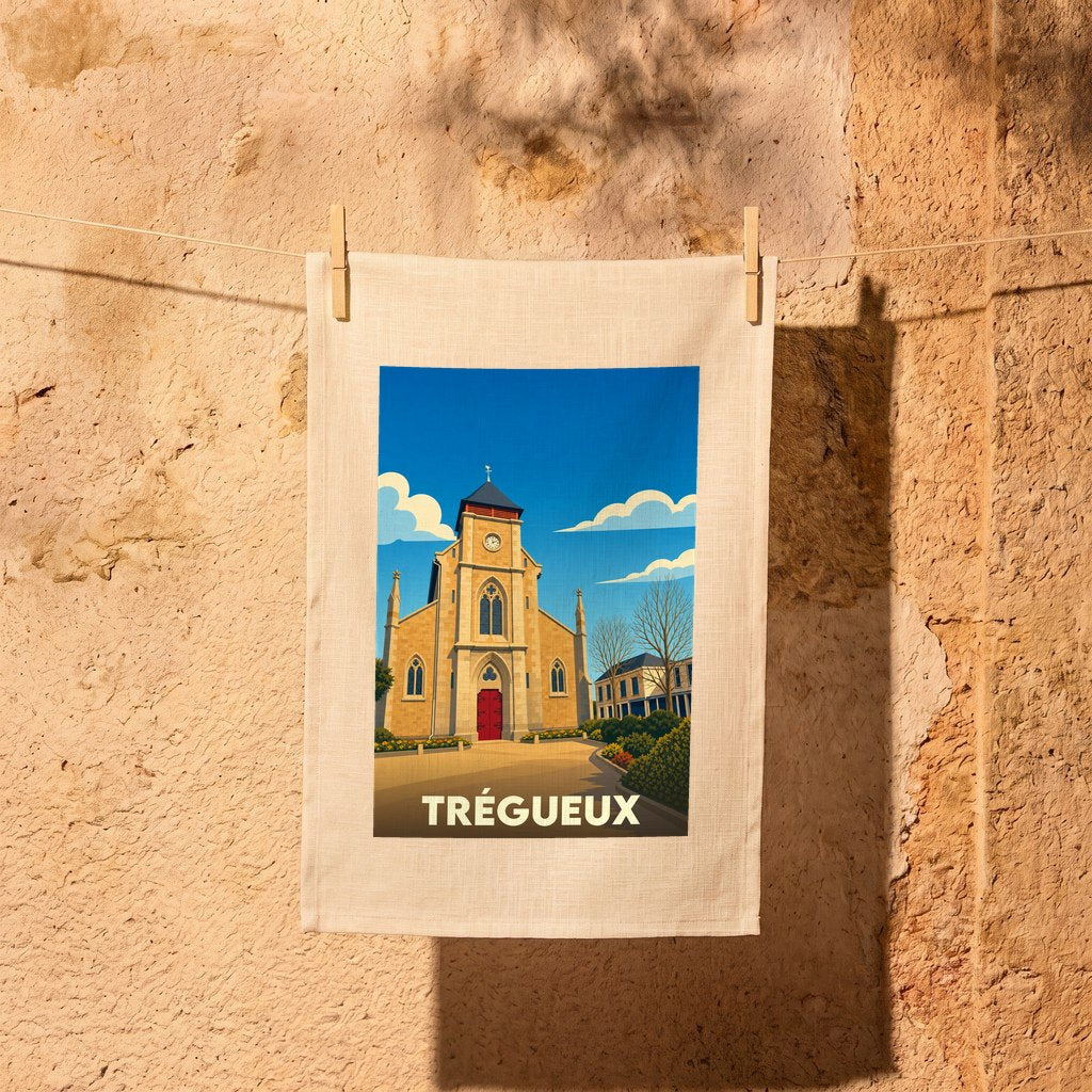 Torchon souvenir de la ville de Trégueux avec une illustration stylisée de son église.