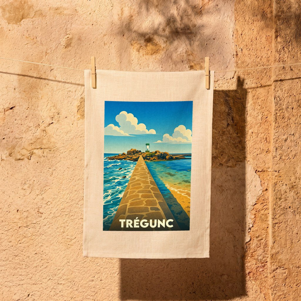 Torchon souvenir de la ville de Trégunc avec une illustration stylisée d'un phare et d'une jetée en pierre.