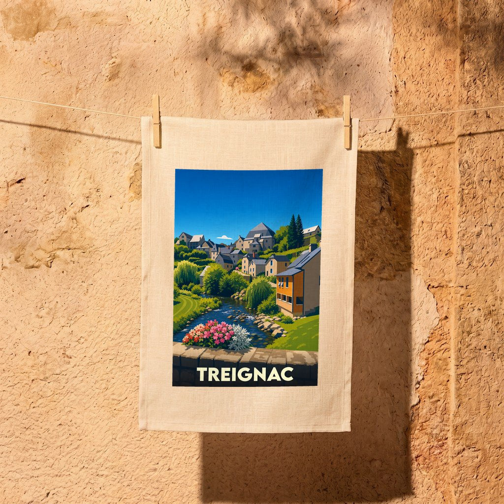 Torchon souvenir de la ville de Treignac avec une illustration stylisée.
