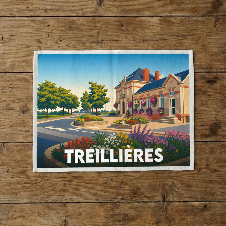 Torchon souvenir de la ville de Treillières avec une illustration colorée et fleurie du centre-ville.