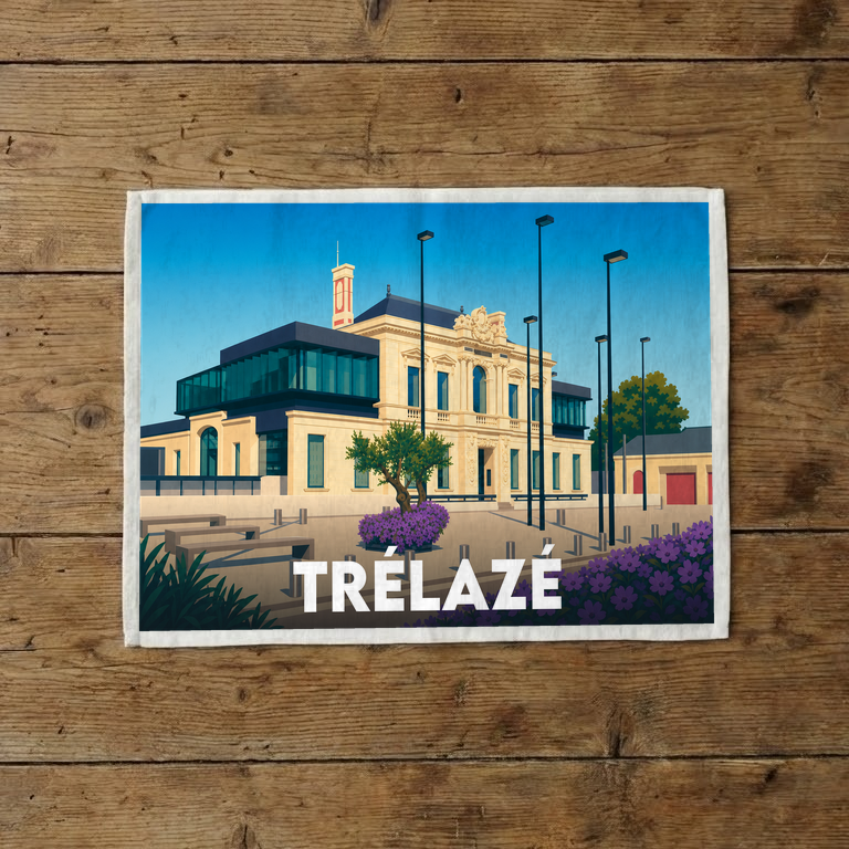 Torchon souvenir de la ville de Trélazé avec une illustration stylisée de son architecture.