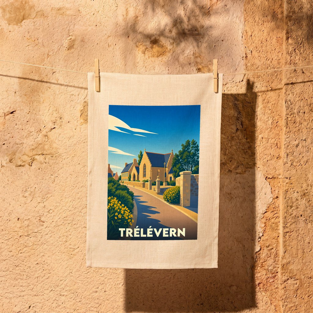 Torchon souvenir de la ville de Trélévern illustré d'une vue stylisée du village sous un ciel bleu.