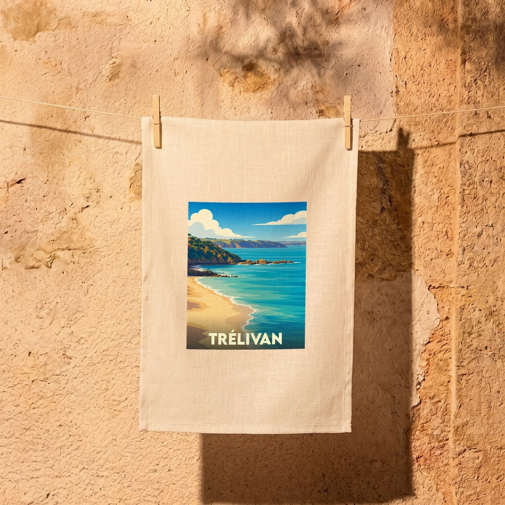 Torchon souvenir de la ville de Trélivan avec une illustration stylisée de bord de mer.
