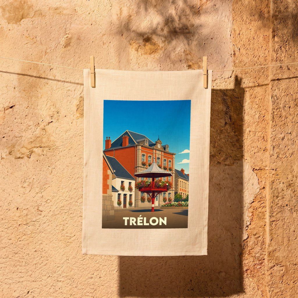 Torchon souvenir de la ville de Trélon avec une illustration stylisée.