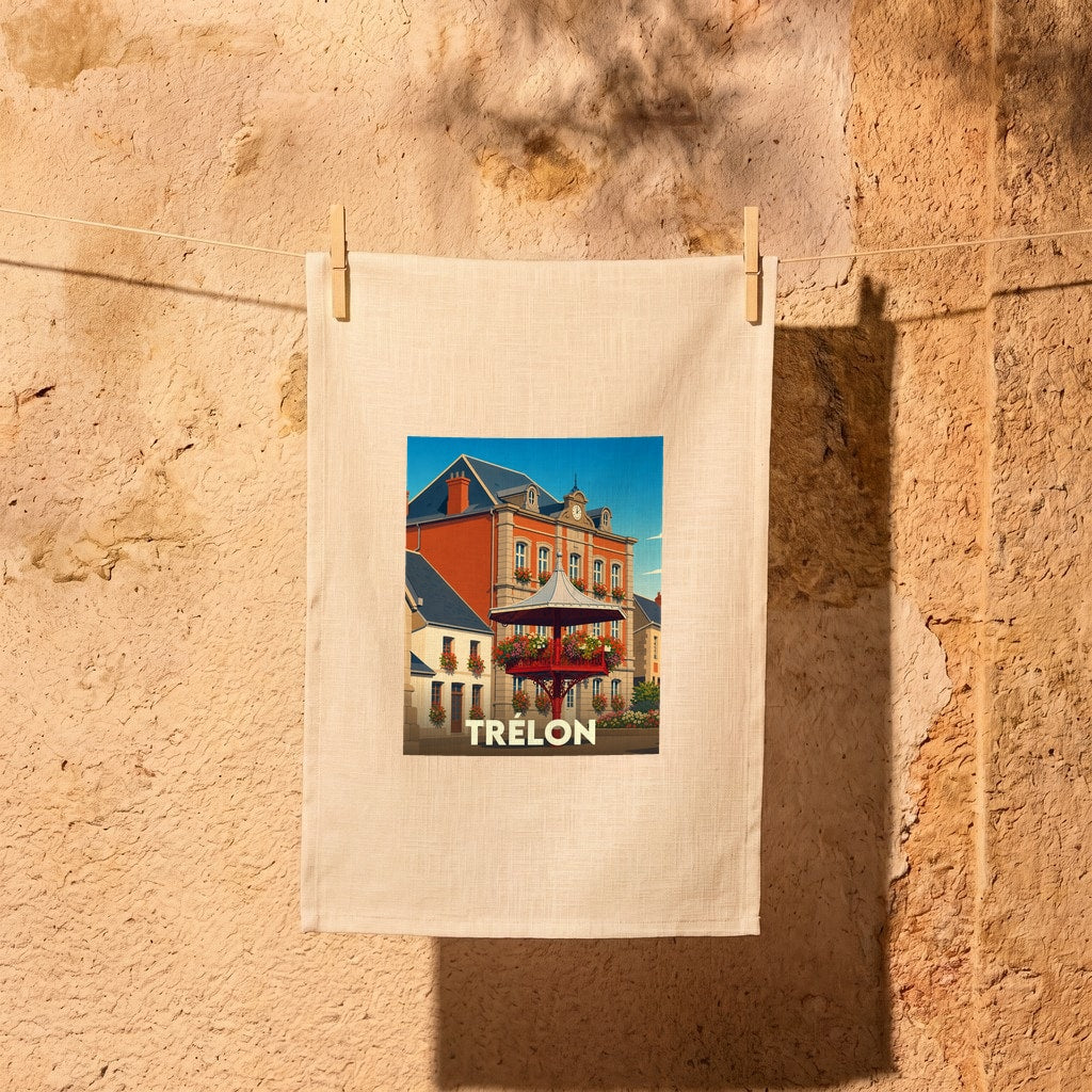 Torchon souvenir de la ville de Trélon avec une illustration stylisée.