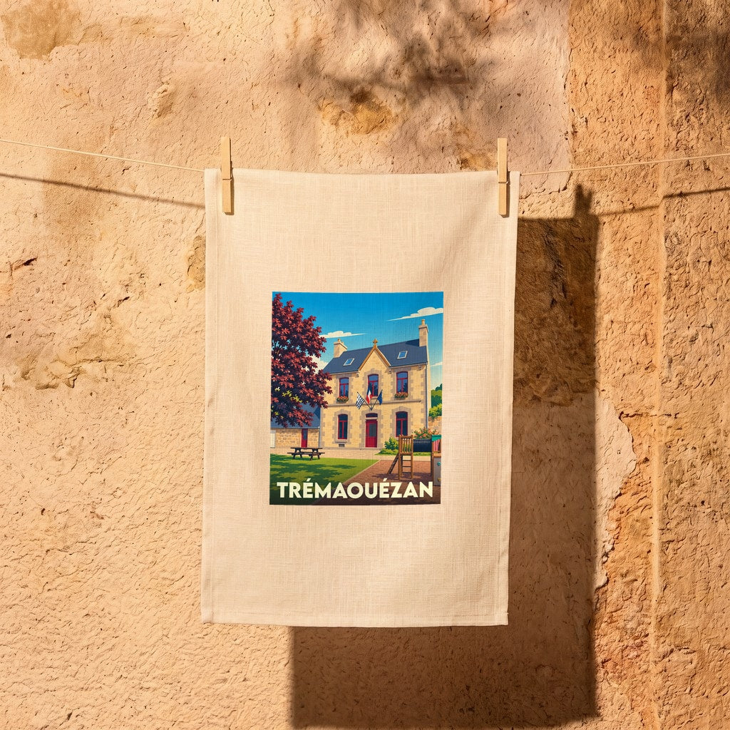 Torchon souvenir de la ville de Trémaouézan avec une illustration stylisée.