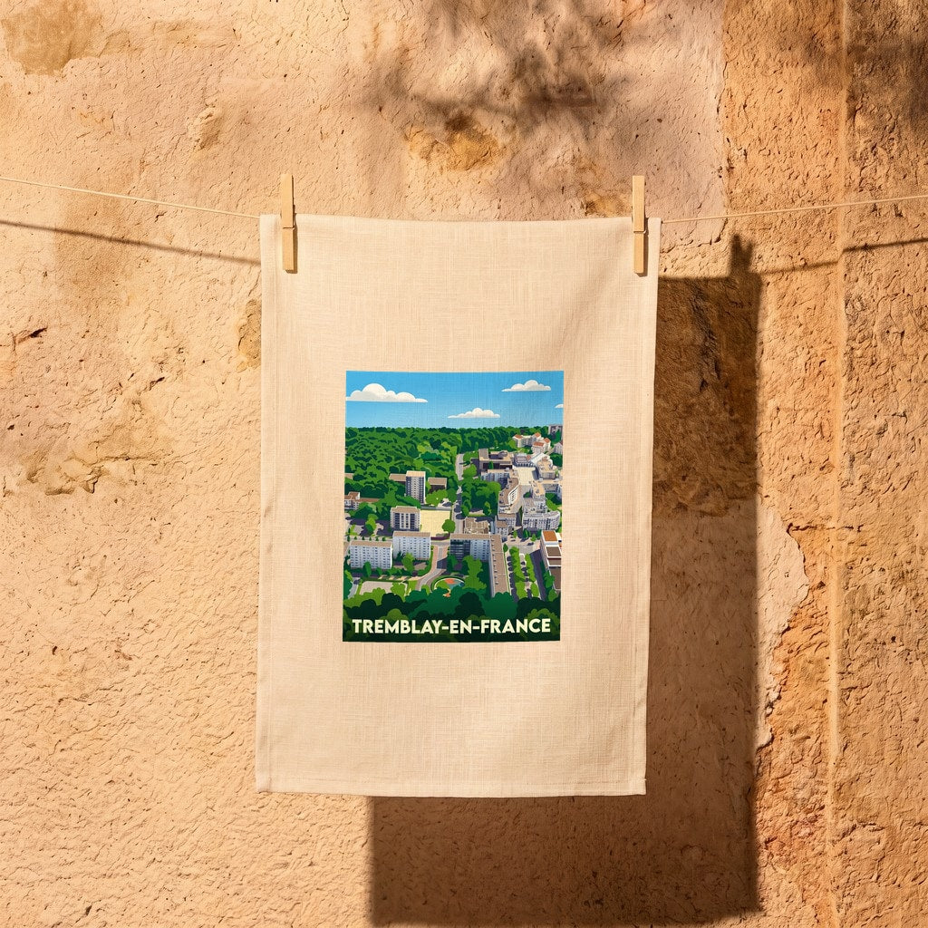 Torchon souvenir de la ville de Tremblay-en-France avec une illustration stylisée.