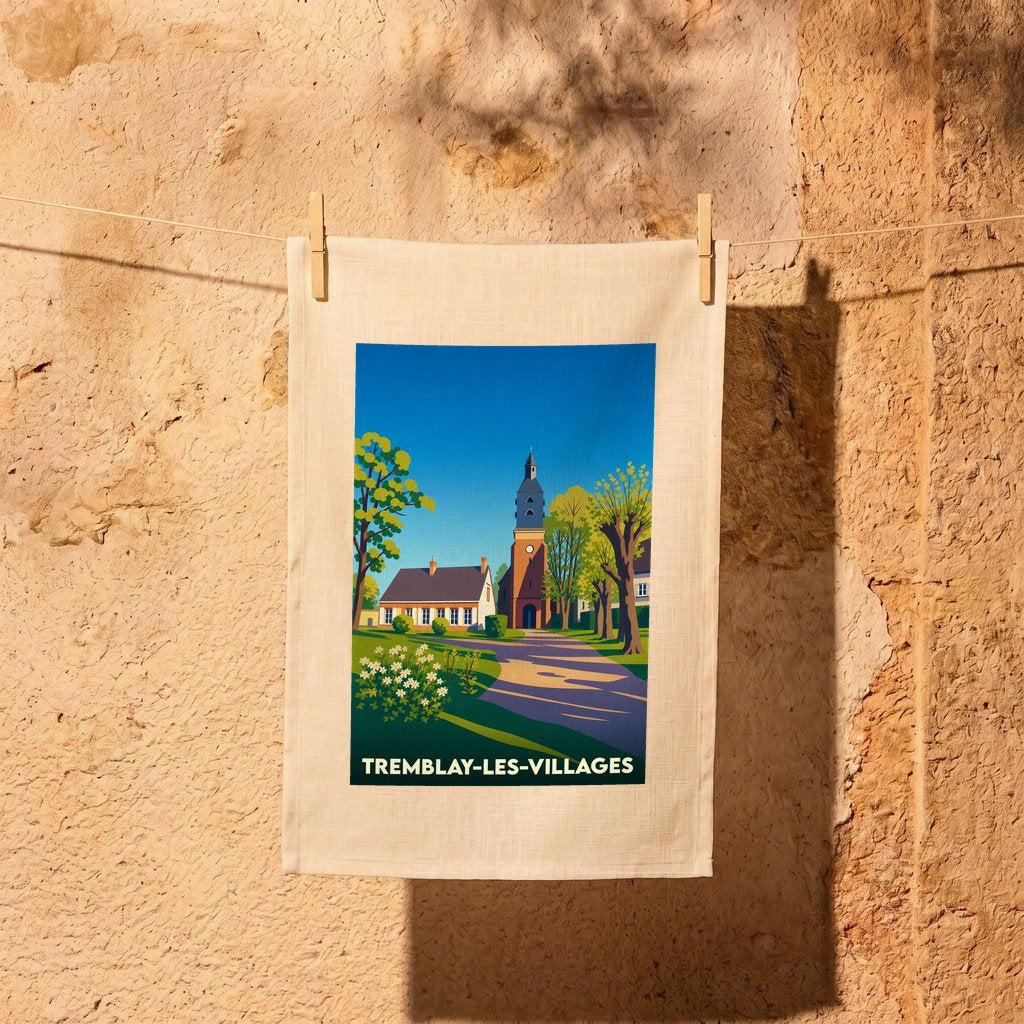 Torchon souvenir de la ville de Tremblay-les-Villages avec une illustration stylisée de son église.