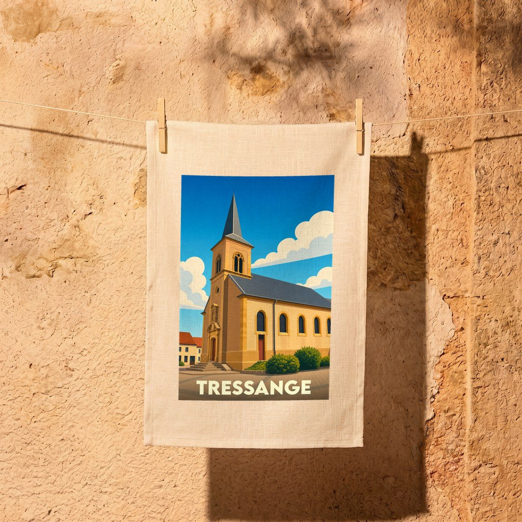 Torchon souvenir de la ville de Tressange avec une illustration stylisée de son église.