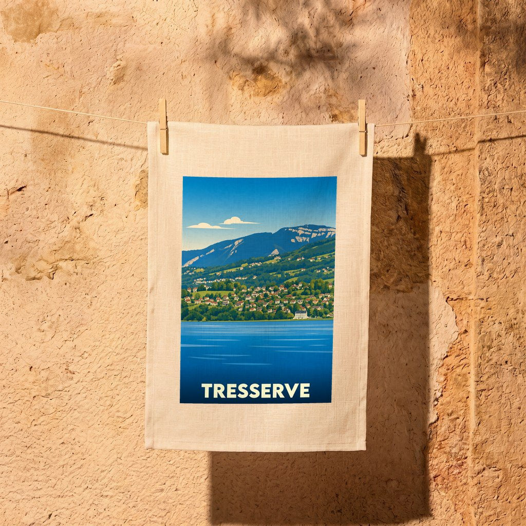 Torchon souvenir de la ville de Tresserve illustré par un paysage de montagne bordant un lac.