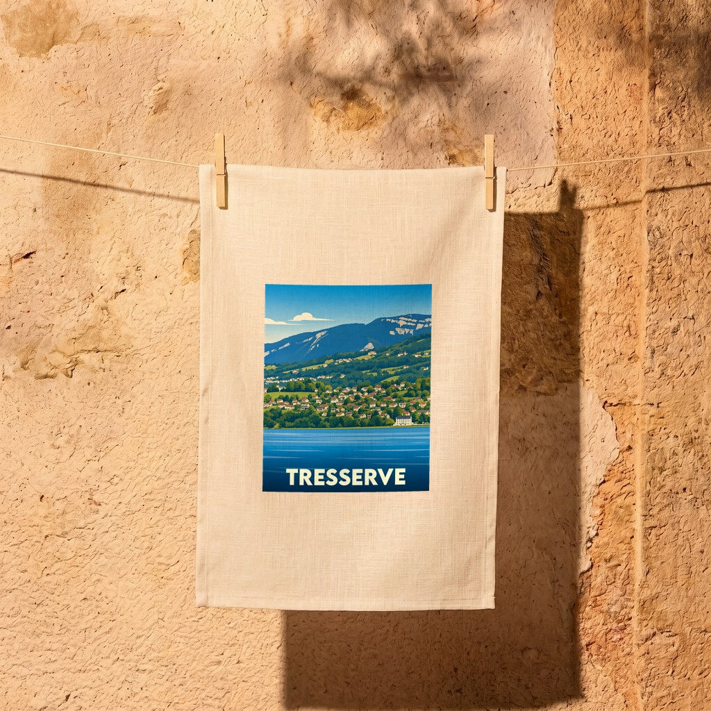 Torchon souvenir de la ville de Tresserve illustré par un paysage de montagne bordant un lac.