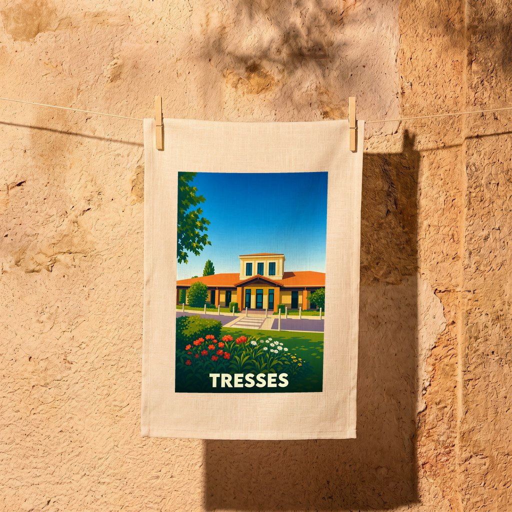 Torchon souvenir de la ville de Tresses avec une illustration colorée et stylisée.