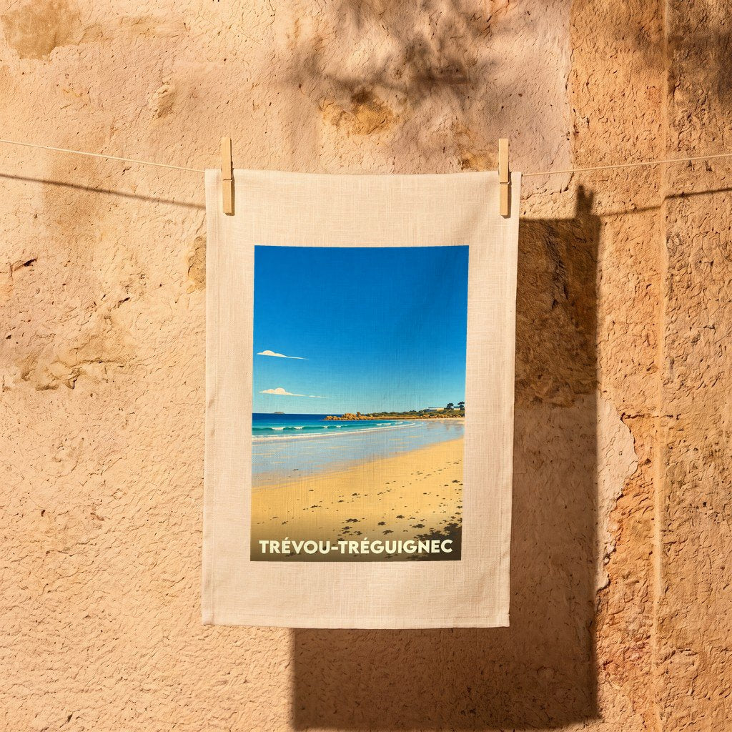 Torchon souvenir de la ville de Trévou-Tréguignec avec une illustration stylisée de sa plage.