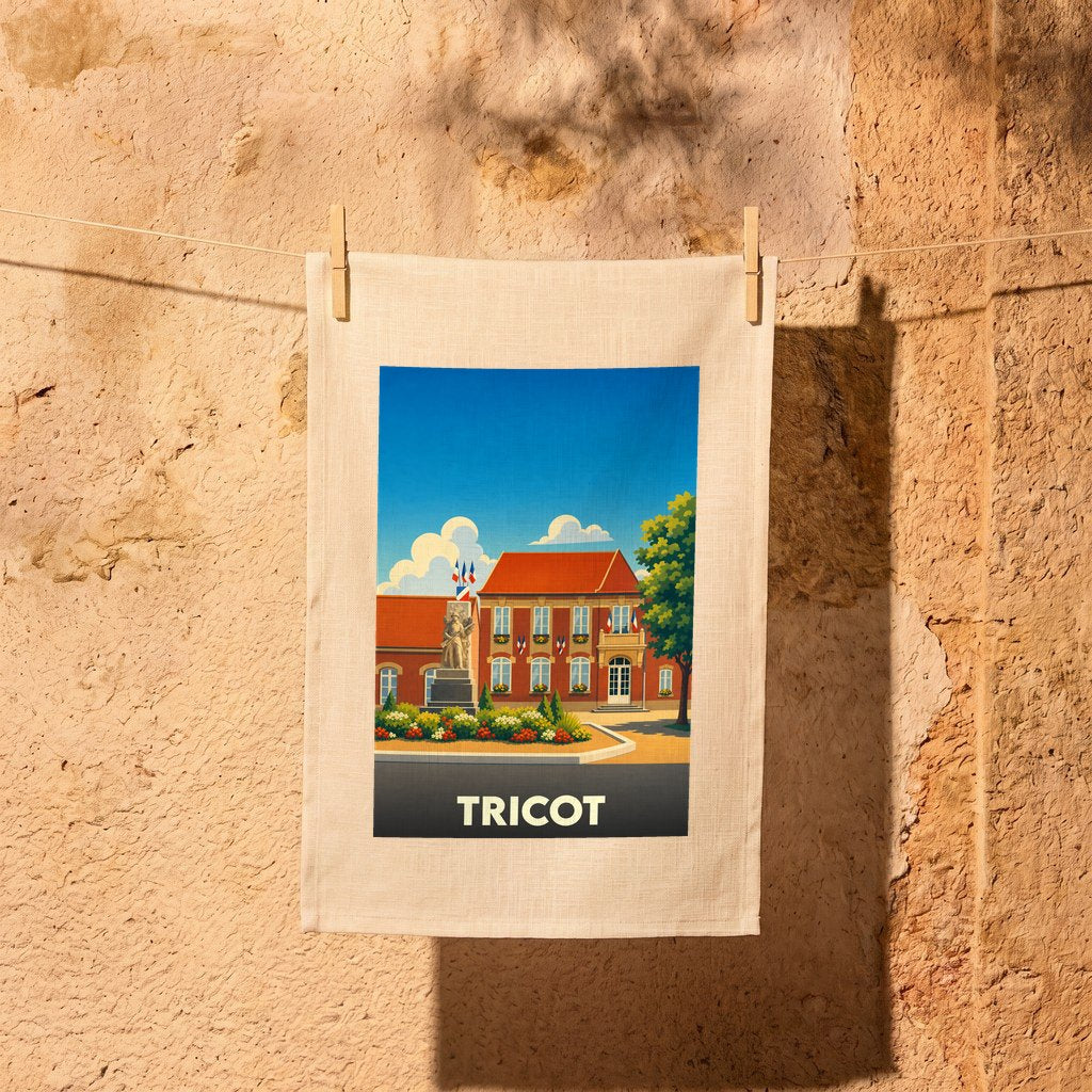 Torchon souvenir de la ville de Tricot illustré d'un dessin stylisé de sa mairie.