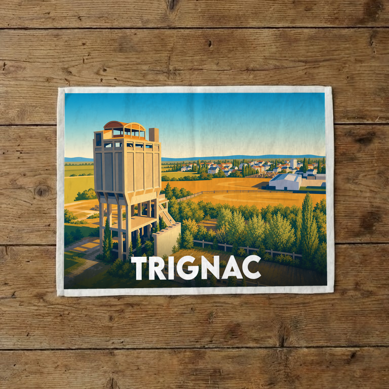 Torchon souvenir de la ville de Trignac avec une illustration stylisée d'un château d'eau historique.