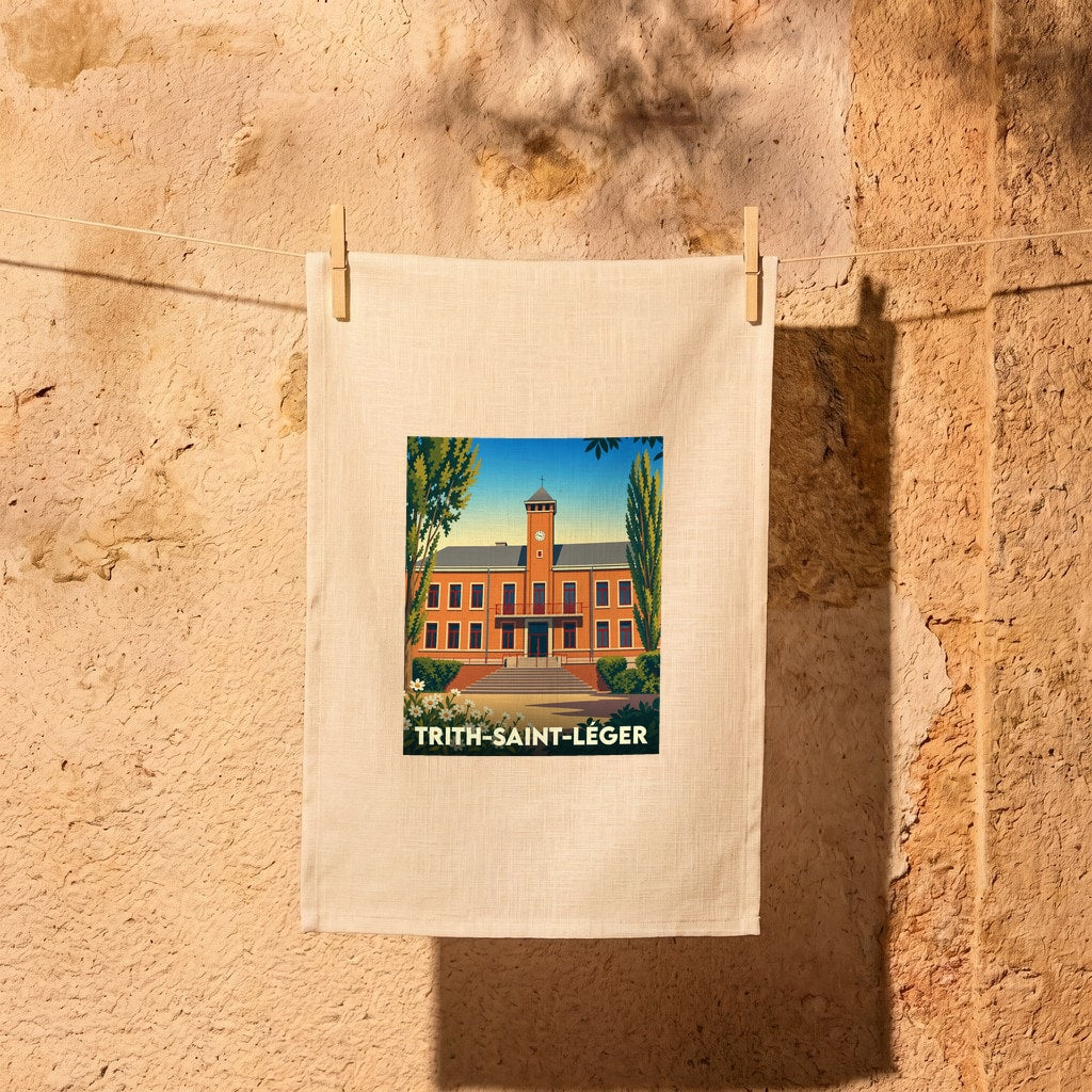 Torchon souvenir de la ville de Trith-Saint-Léger avec une illustration stylisée de son hôtel de ville.