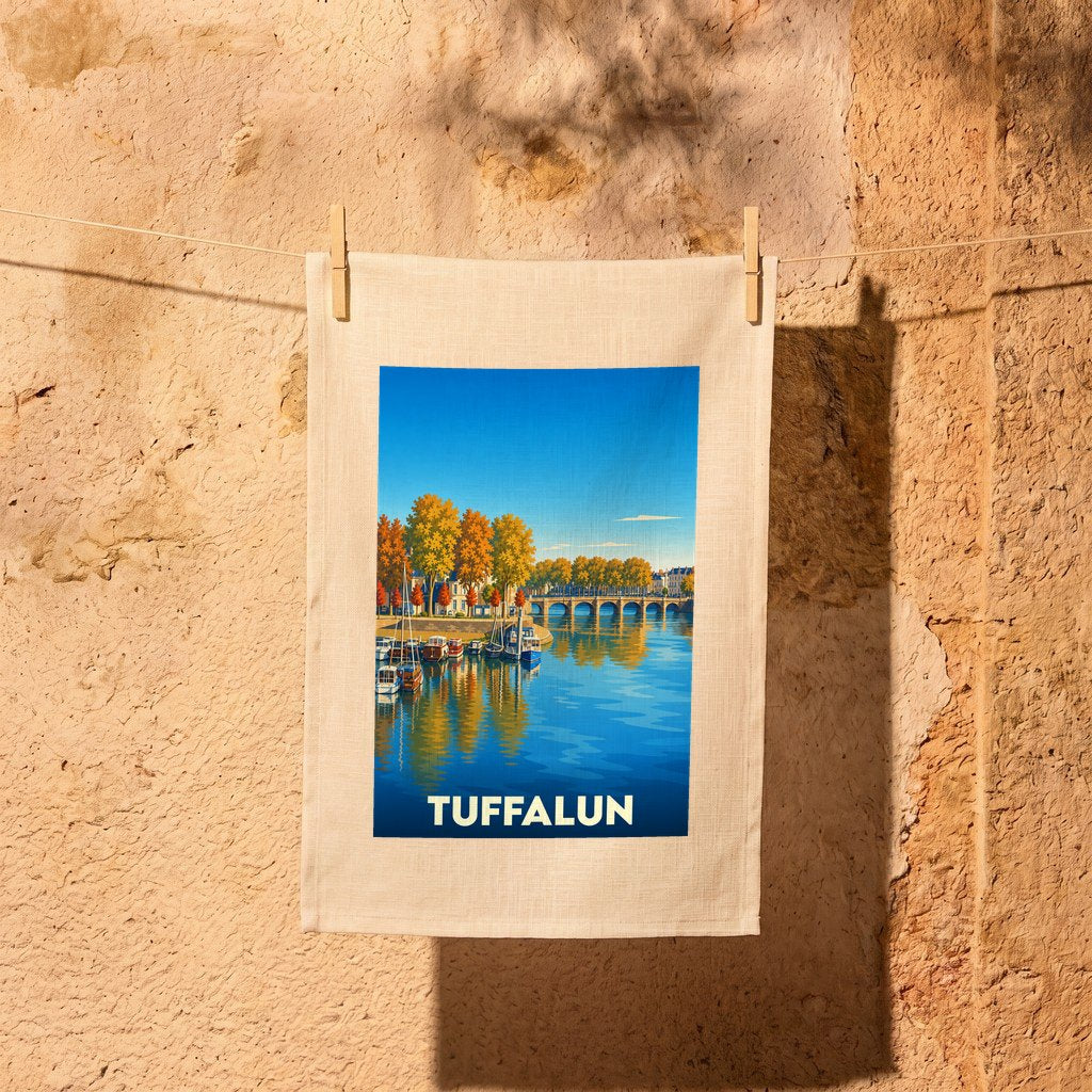 Torchon souvenir de la ville de Tuffalun orné d'une illustration stylisée représentant les quais et le pont.