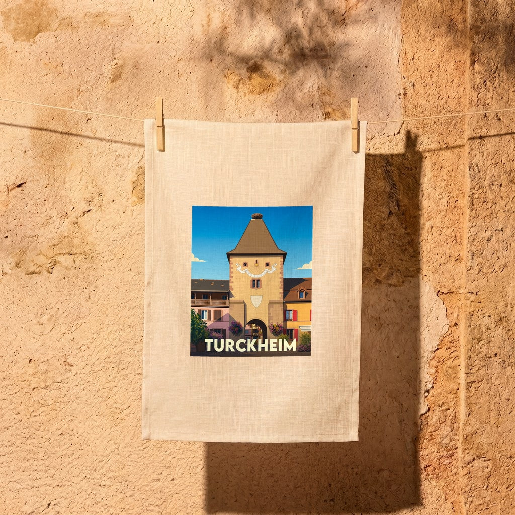 Torchon souvenir de la ville de Turckheim avec une illustration stylisée d'une porte médiévale.