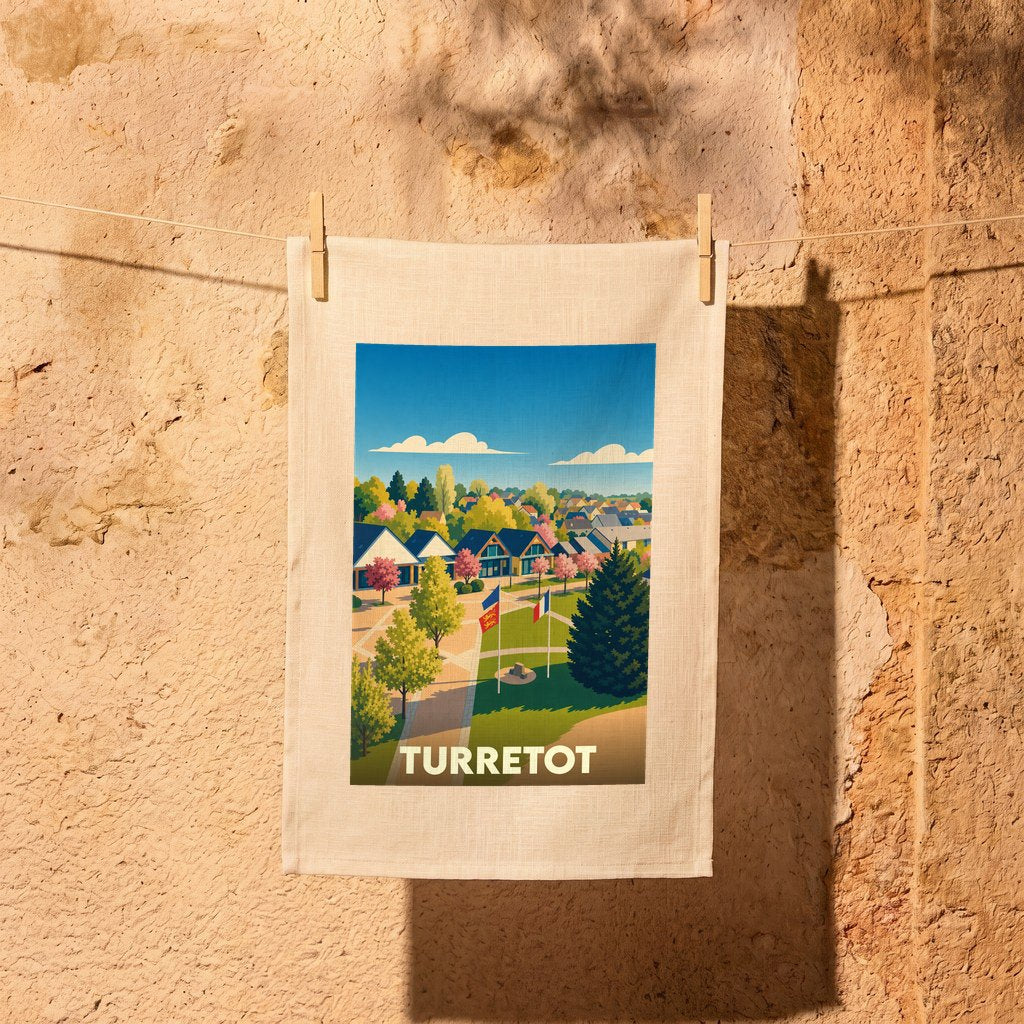 Torchon souvenir de la ville de Turretot avec une illustration stylisée et colorée de ses paysages.