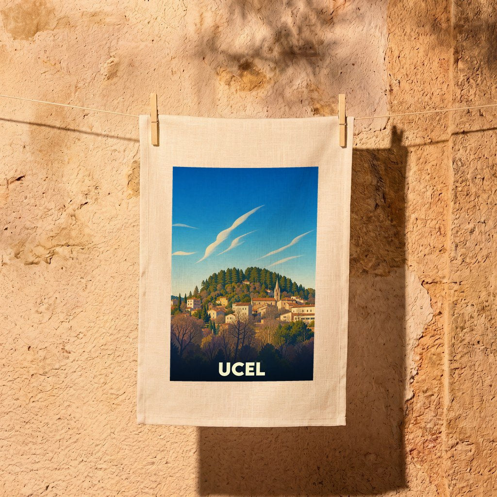 Torchon souvenir de la ville d'Ucel avec une illustration stylisée de son village perché sous un ciel bleu.
