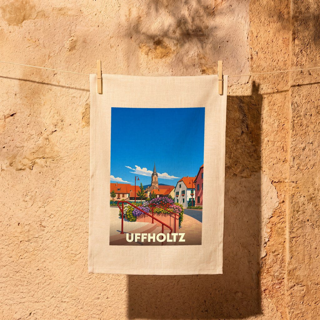 Torchon souvenir de la ville de Uffholtz illustré d'une vue stylisée du village et de son clocher.