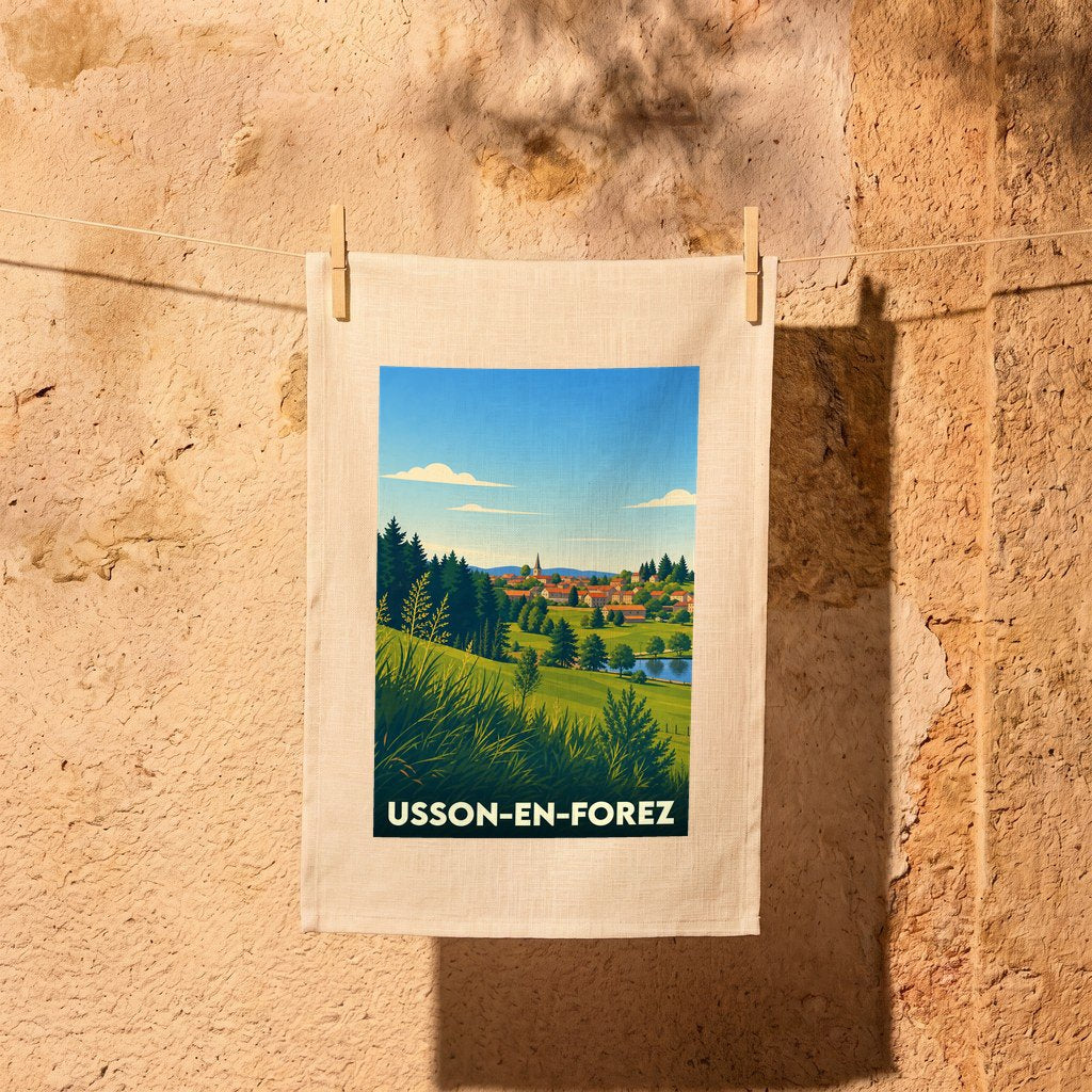 Torchon souvenir de la ville d'Usson-en-Forez avec une illustration paysagère stylisée.