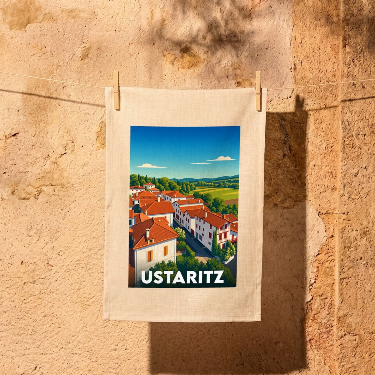 Torchon souvenir de la ville d'Ustaritz orné d'une illustration stylisée représentant un paysage basque typique.