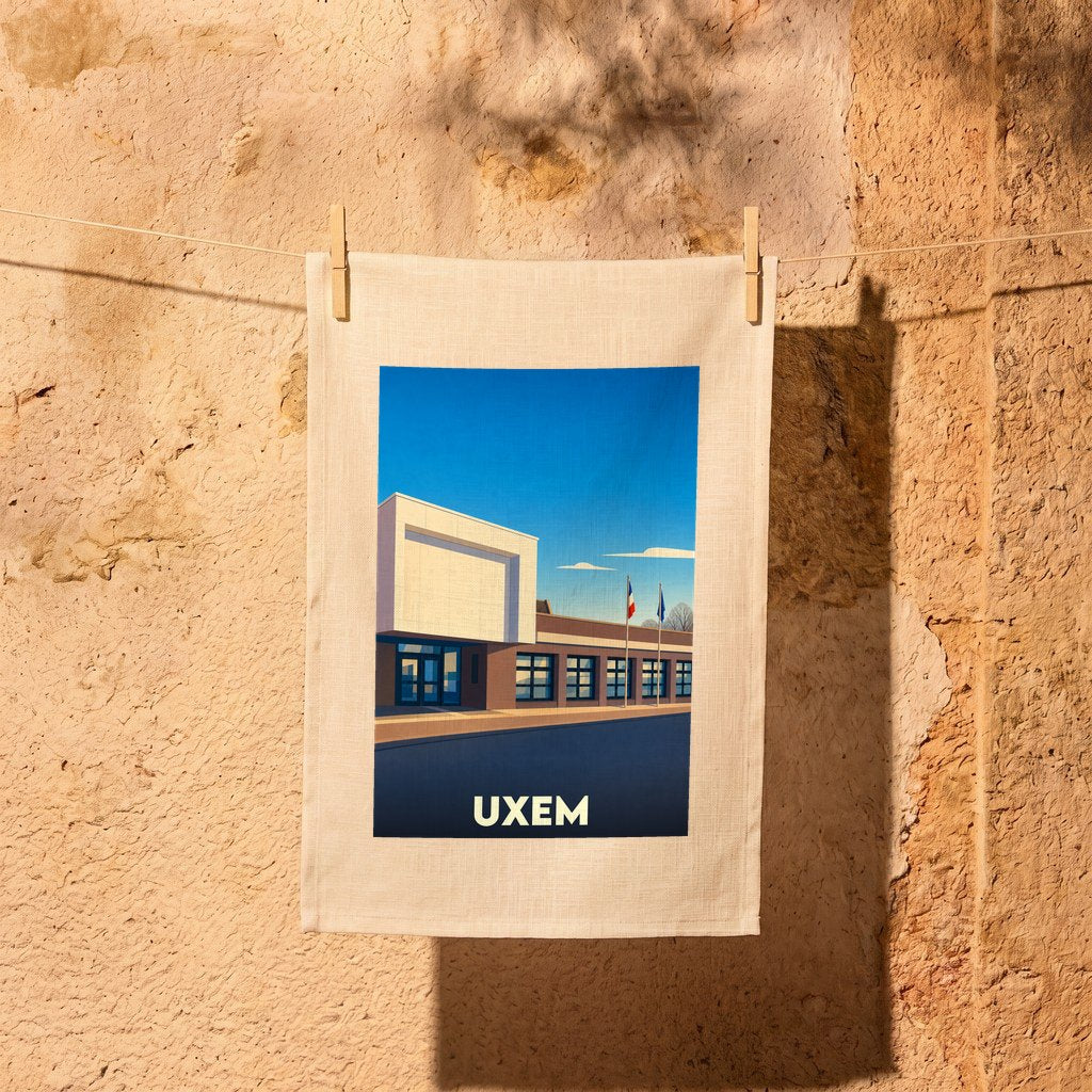 Torchon souvenir de la ville de Uxem avec une illustration stylisée de sa mairie.