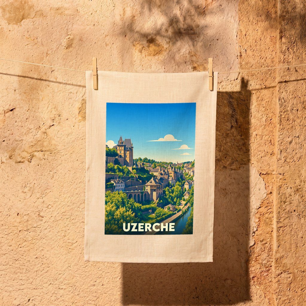 Torchon souvenir de la ville d'Uzerche avec une illustration stylisée de ses bâtiments historiques surplombant la rivière.