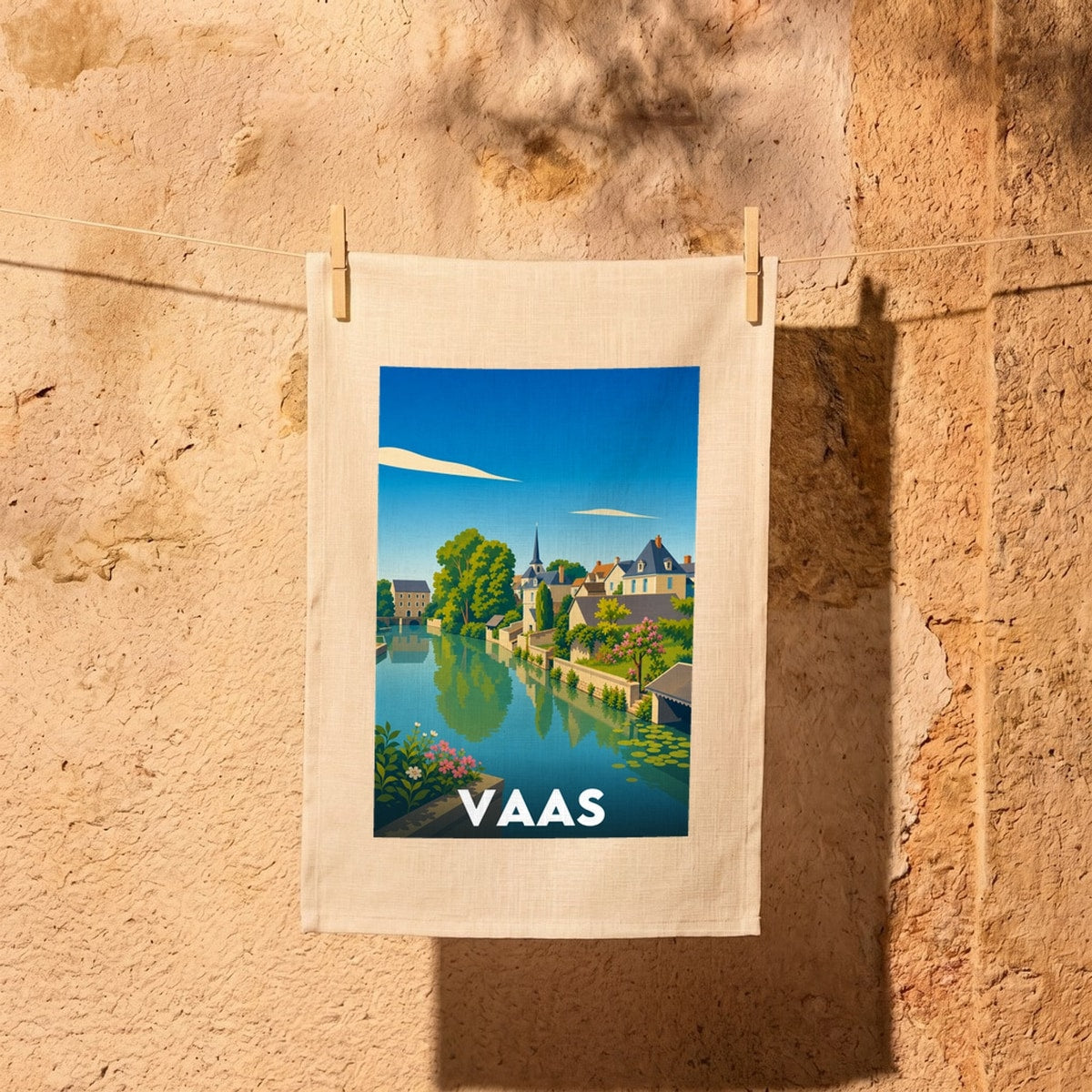 Torchon souvenir de la ville de Vaas avec une illustration stylisée.