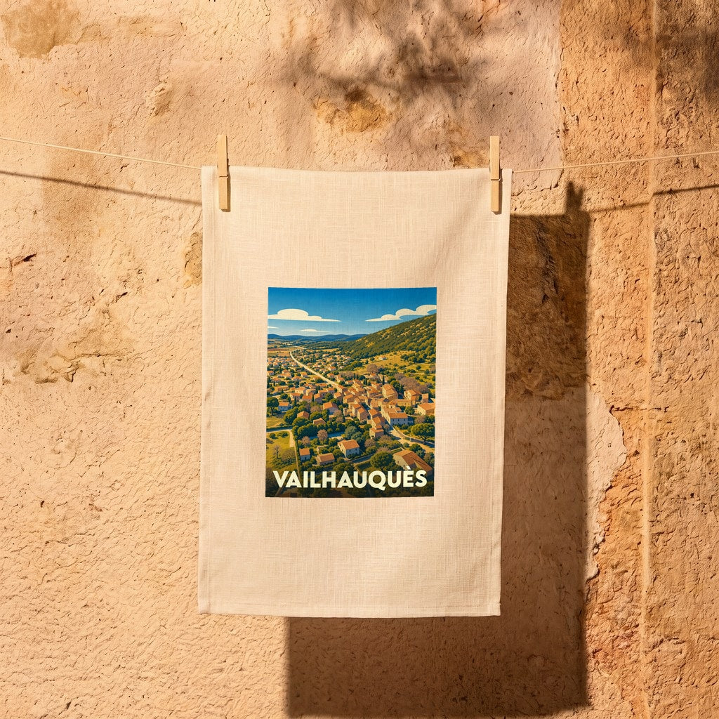 Torchon souvenir de la ville de Vailhauquès avec une illustration stylisée.