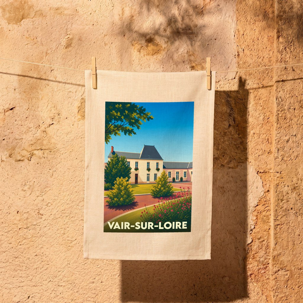 Torchon souvenir de la ville de Vair-sur-Loire avec une illustration stylisée.