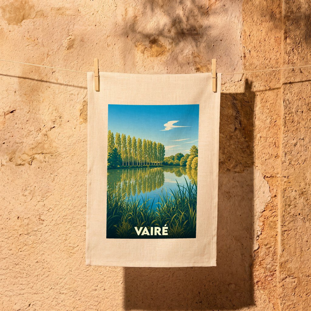 Torchon souvenir de la ville de Vairé orné d'une illustration stylisée de marais.
