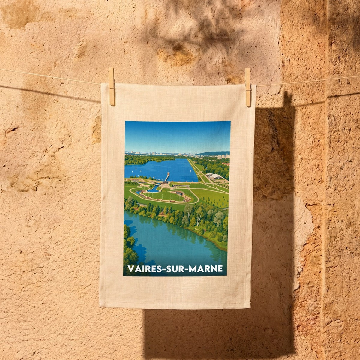 Torchon souvenir de la ville de Vaires-sur-Marne avec une illustration stylisée.