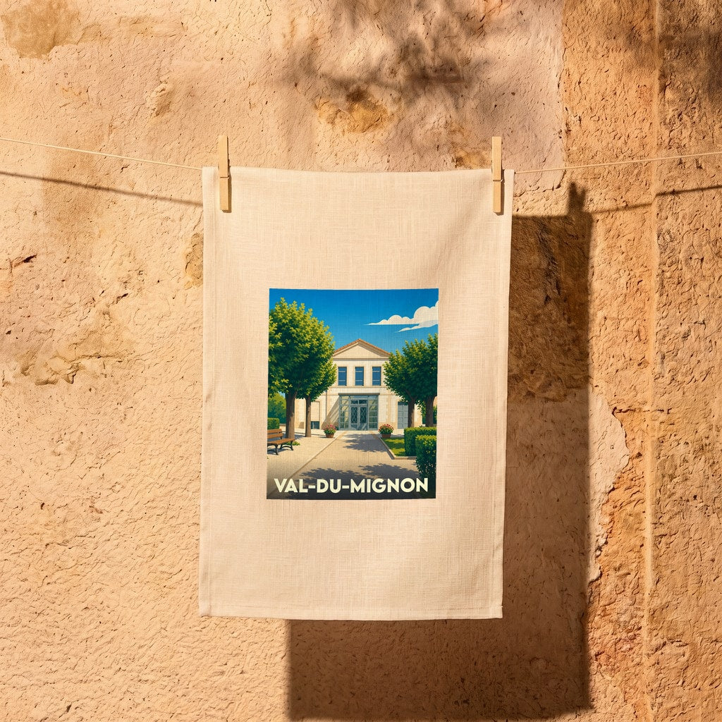 Torchon souvenir de la ville de Val-du-Mignon avec une illustration stylisée.