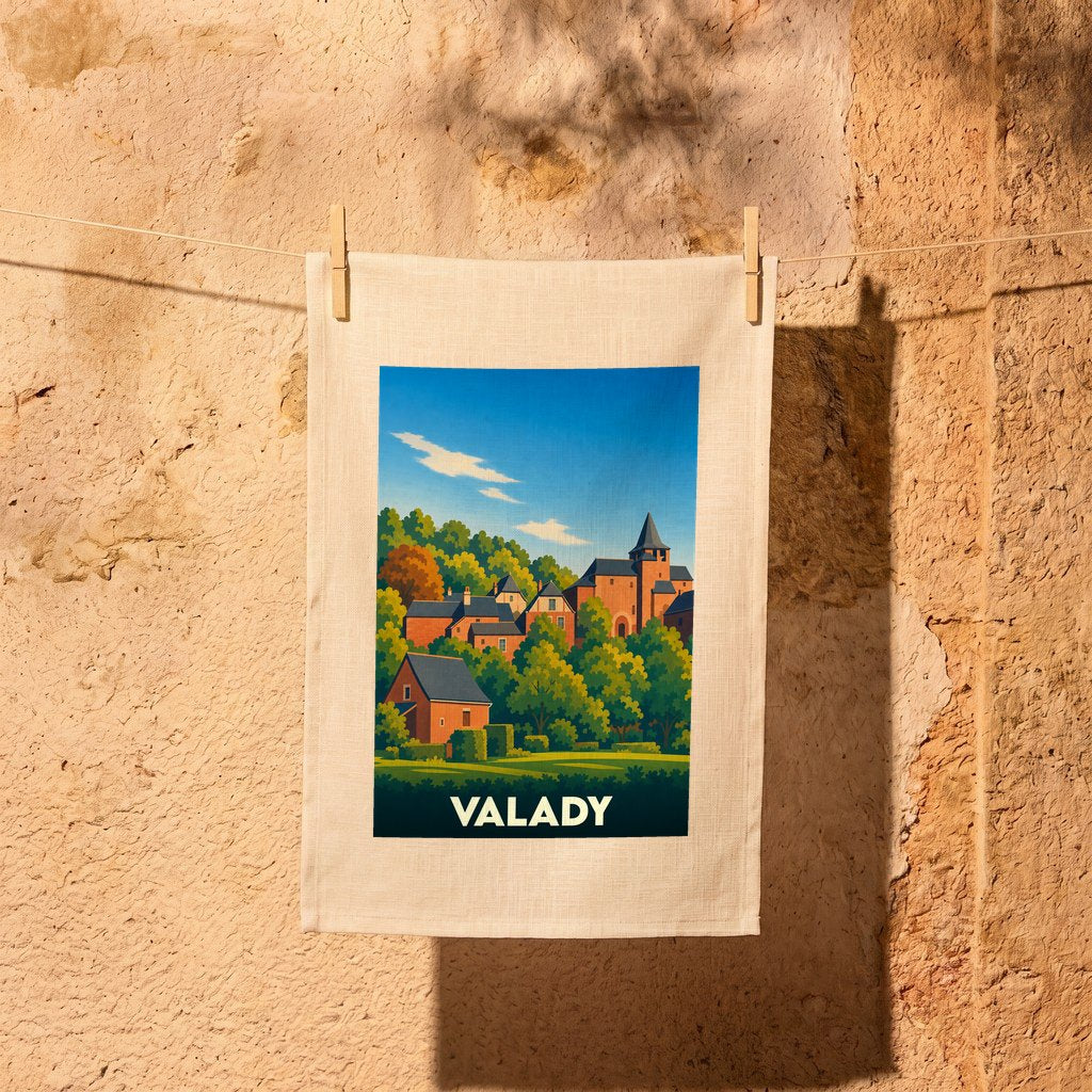 Torchon souvenir de la ville de Valady avec une illustration stylisée.