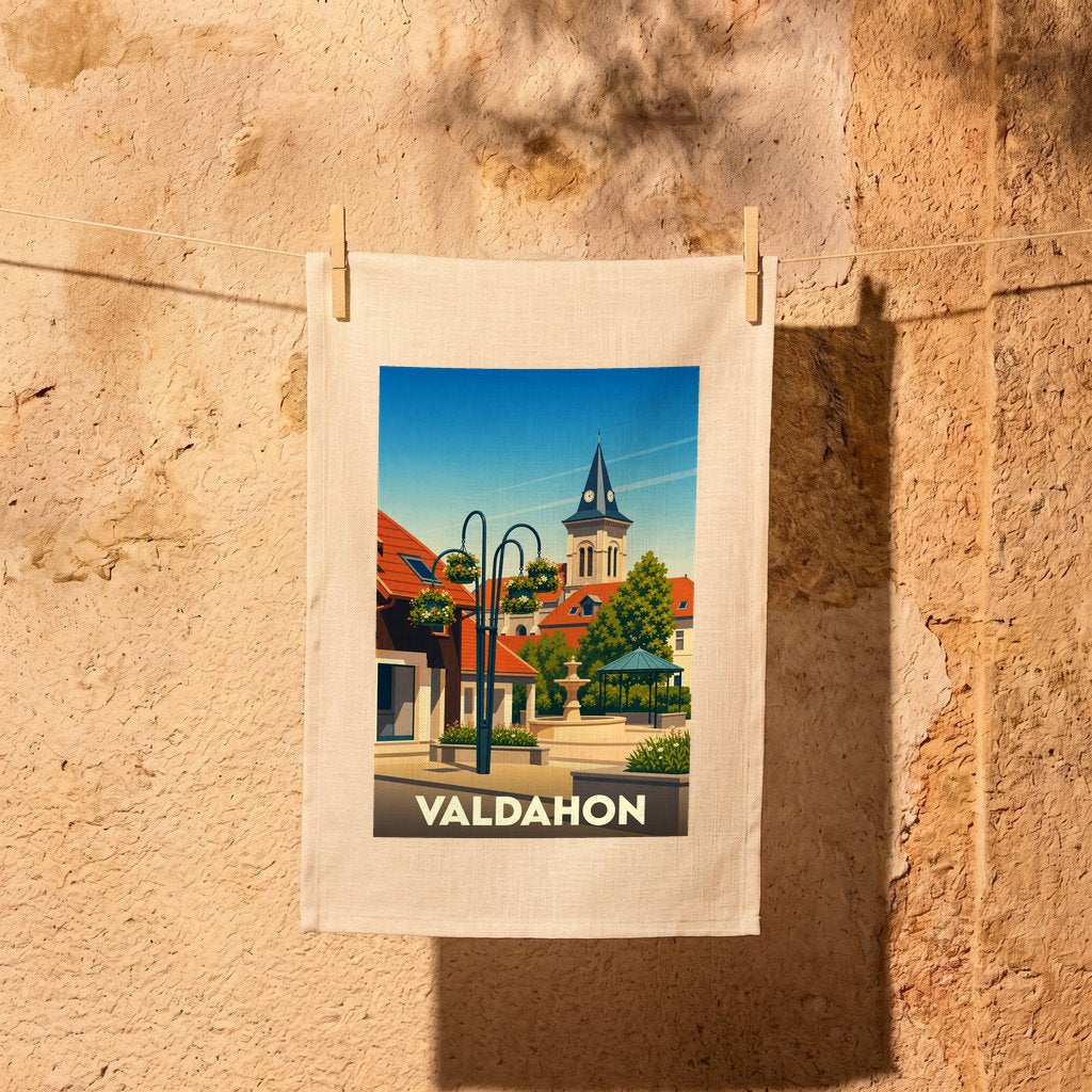 Torchon souvenir de la ville de Valdahon avec une illustration stylisée.