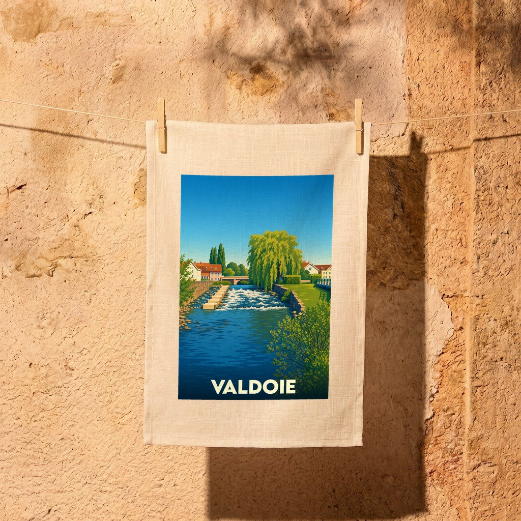 Torchon souvenir de la ville de Valdoie avec une illustration stylisée d'un paysage fluvial.