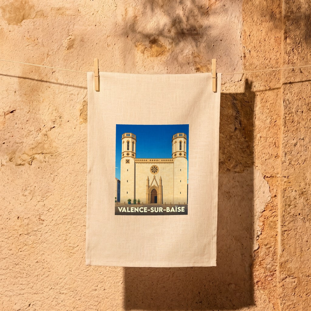 Torchon souvenir de la ville de Valence-sur-Baïse avec une illustration stylisée de son église.