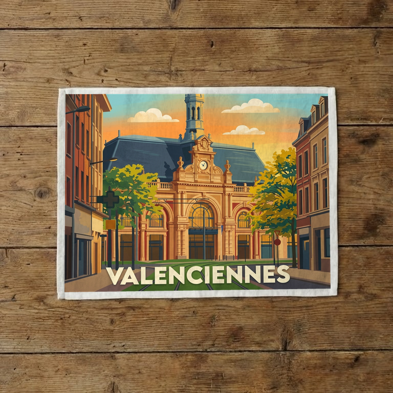 Torchon souvenir de la ville de Valenciennes avec une illustration stylisée.