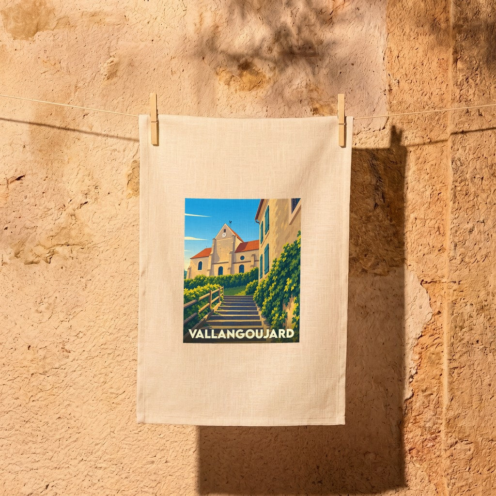 Torchon souvenir de la ville de Vallangoujard arborant une illustration stylisée de son église et de ses ruelles fleuries.