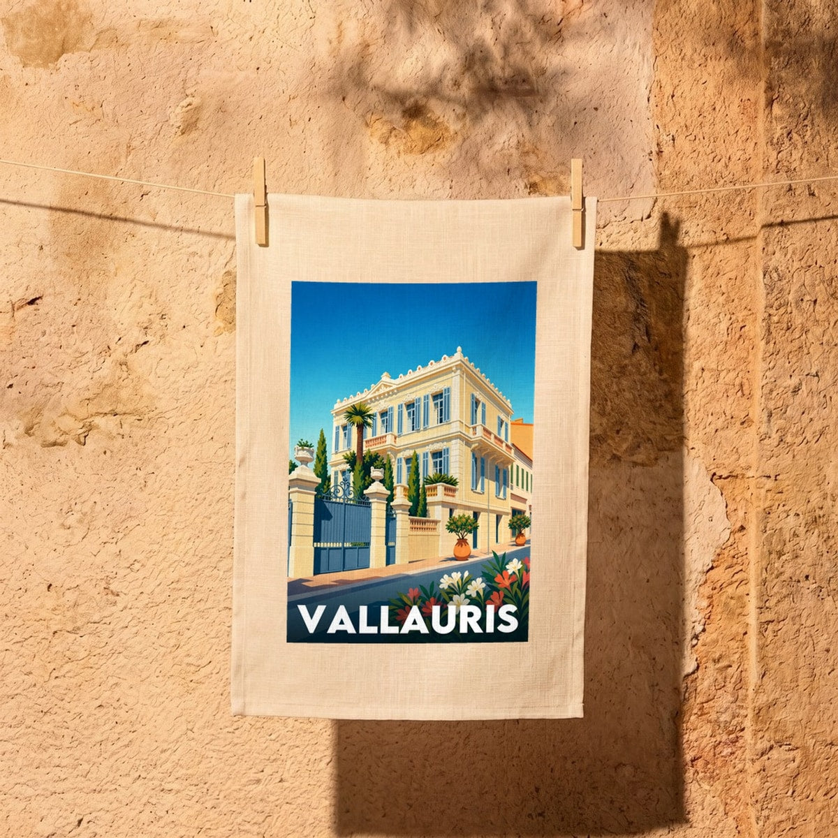 Torchon souvenir de la ville de Vallauris avec une illustration stylisée d'une villa méditerranéenne.