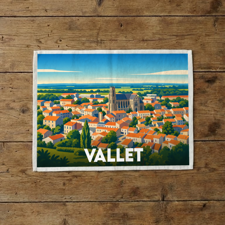 Torchon souvenir de la ville de Vallet avec une illustration stylisée.
