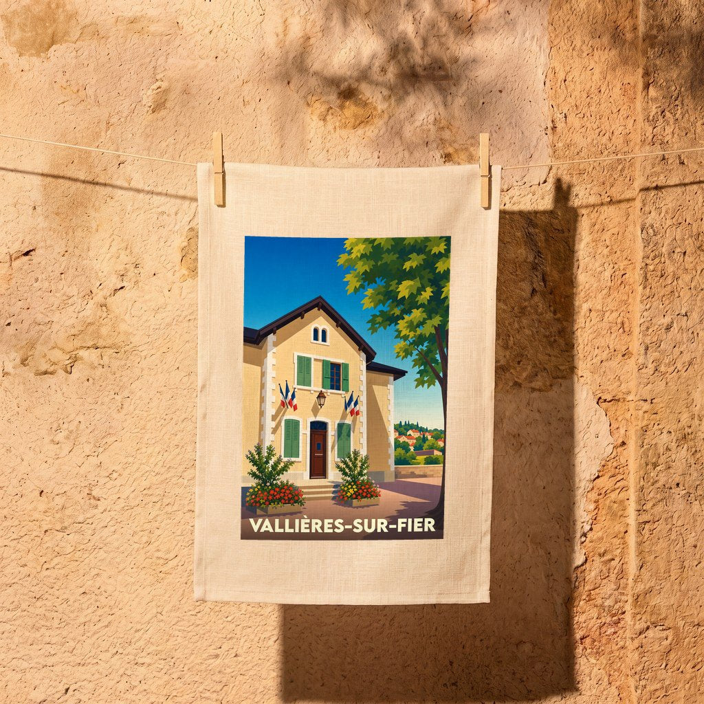 Torchon souvenir de la ville de Vallières-sur-Fier avec une illustration stylisée.