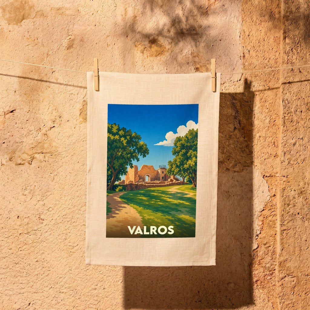 Torchon souvenir de la ville de Valros avec une illustration stylisée.
