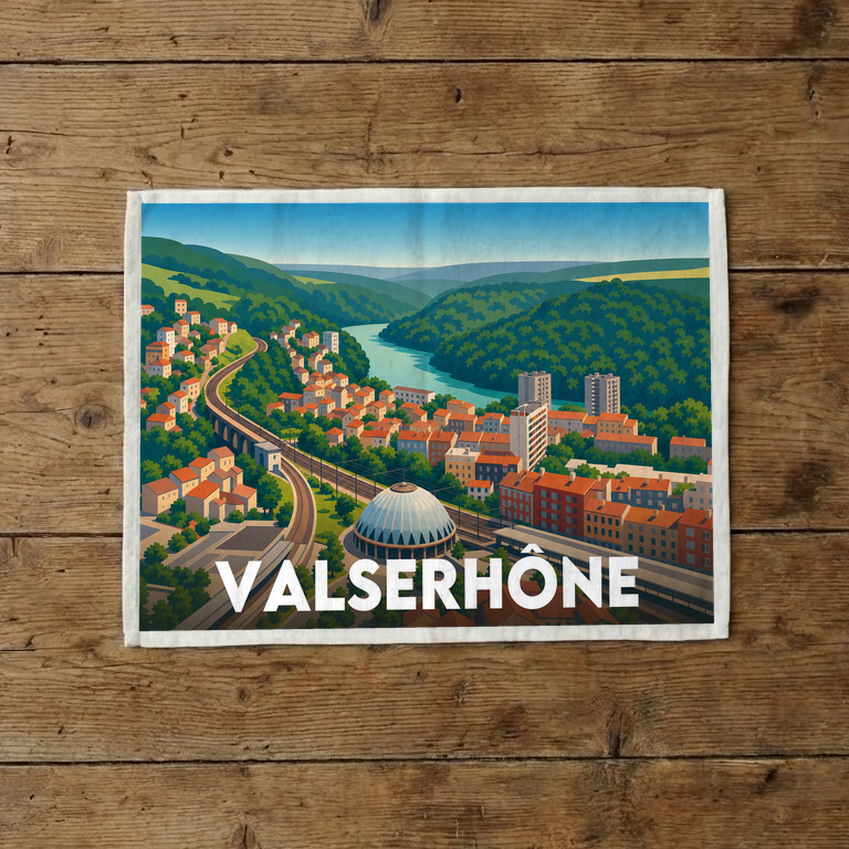 Torchon souvenir de la ville de Valserhône avec une illustration stylisée de son paysage.