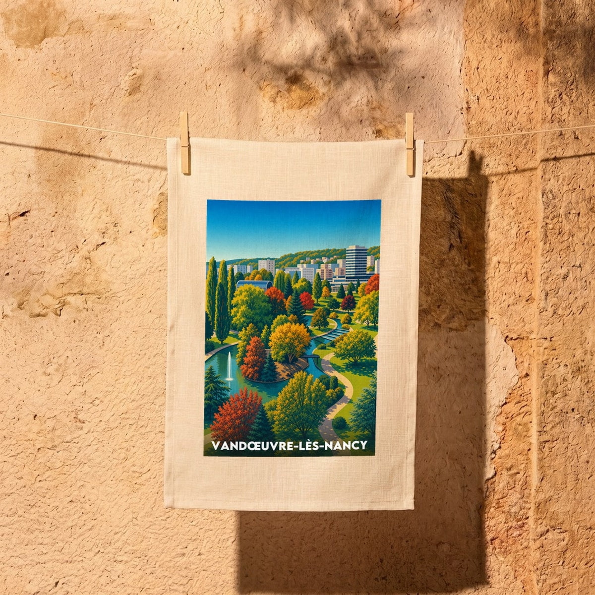 Torchon souvenir de la ville de Vandœuvre-lès-Nancy avec une illustration stylisée d'un parc arboré et de son architecture urbaine.