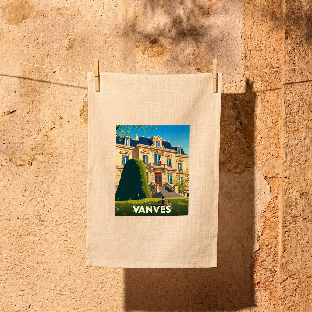 Torchon souvenir de la ville de Vanves illustrant l'hôtel de ville dans un style rétro et coloré.