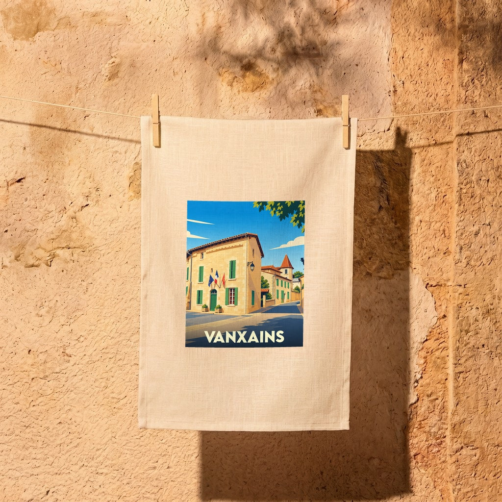 Torchon souvenir de la ville de Vanxains avec une illustration stylisée d'un bâtiment communal.
